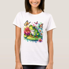 Cute Frog på Lily Pad med blommor och fjärilar T Shirt