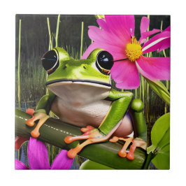 Cute Frog på Rosa Flower Gren Kakelplatta