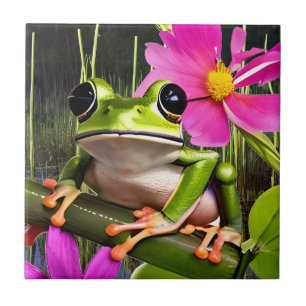 Cute Frog på Rosa Flower Gren Kakelplatta