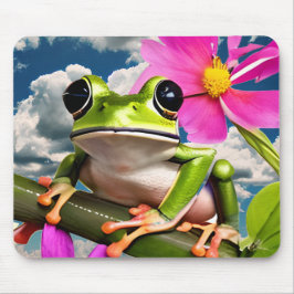 Cute Frog på Rosa Flower Gren med moln Musmatta