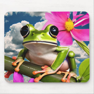 Cute Frog på Rosa Flower Gren med moln Musmatta