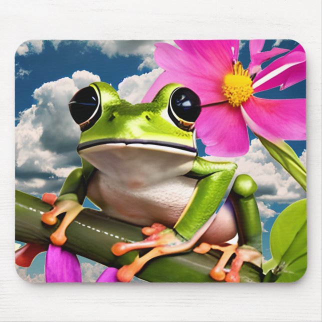 Cute Frog på Rosa Flower Gren med moln Musmatta (Framsidan)