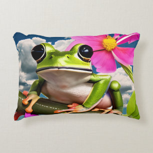 Cute Frog på Rosa Flower Gren med moln Prydnadskudde