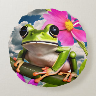 Cute Frog på Rosa Flower Gren med moln Rund Kudde