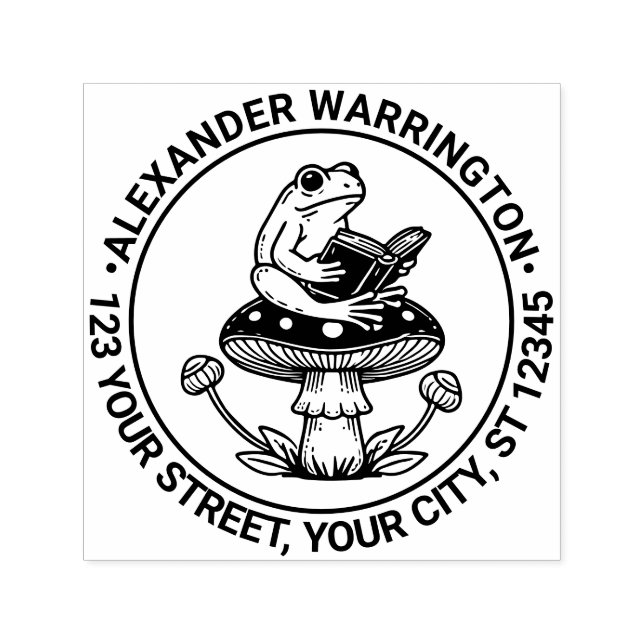 Cute Frog på Toadstool Reading Namn Returadress Självfärgande Stämpel (Design)