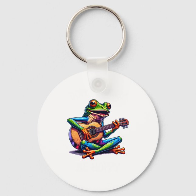Cute Frog Playing A Guitar Dont Worry Be Hoppy _1  Nyckelring (Framsida)