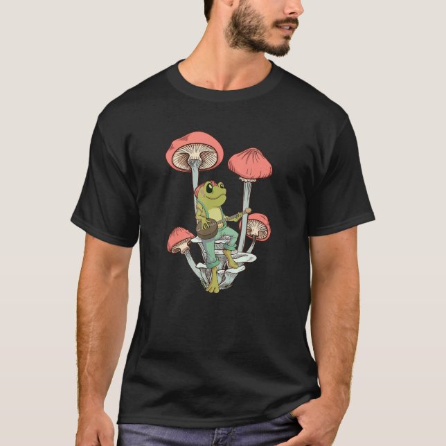 Cute Frog Playing Banjo On Mushroom T Shirt (Framsida)
