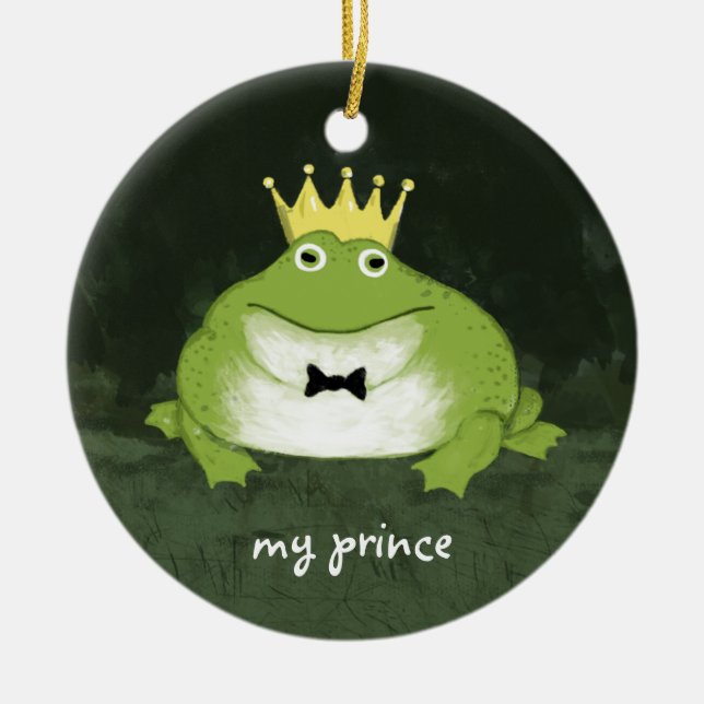 Cute Frog Prince med Anpassningsbar Text Charming  Julgransprydnad Keramik (Framsidan)