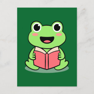 Cute Frog Reading Bok Kawaii Vykort