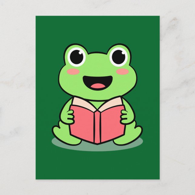 Cute Frog Reading Bok Kawaii Vykort (Framsida)