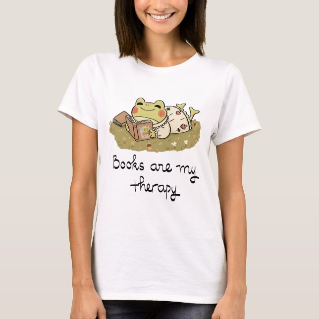 Cute Frog Reading - Books Are My Therapy T Shirt (Framsida)