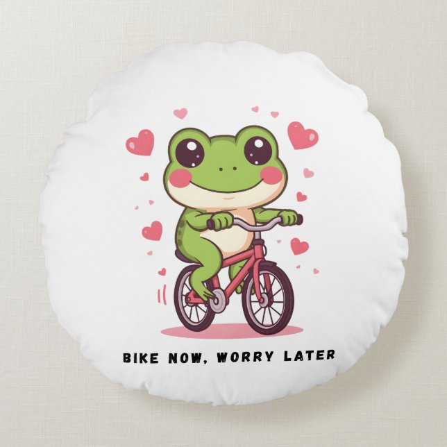 Cute Frog Riding Bicycle | Funny Frog Lover Gift Rund Kudde (Framsidan)