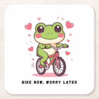 Cute Frog Riding Bicycle | Funny Frog Lover Gift Underlägg Papper Kvadrat