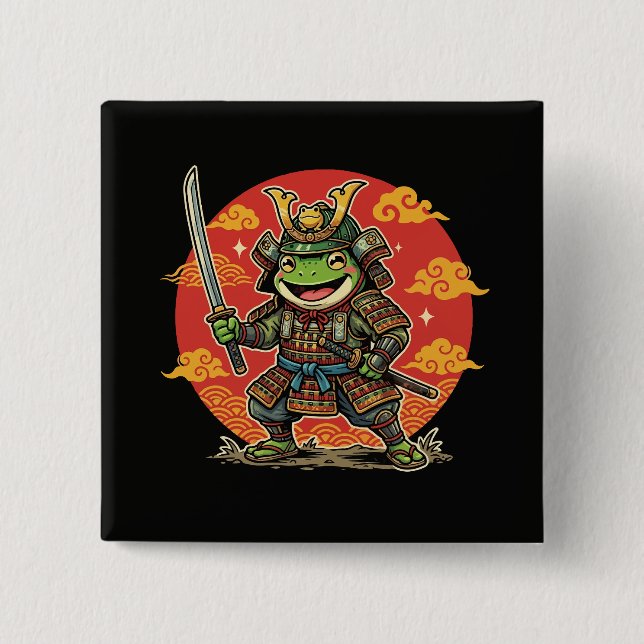 Cute Frog Samurai Cartoon Animal Warrior Design Knapp (Framsida)