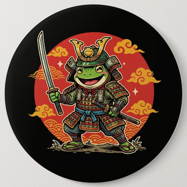 Cute Frog Samurai Cartoon Animal Warrior Design Knapp (Framsida)