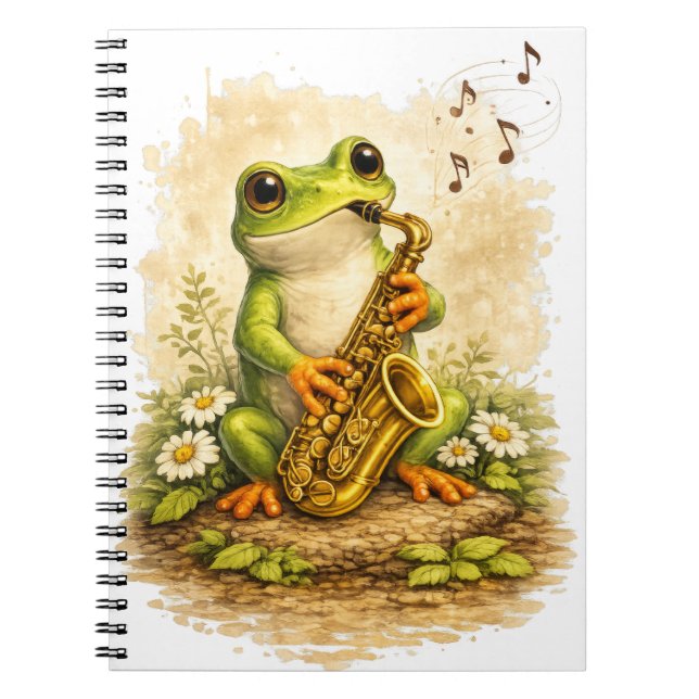 Cute Frog Saxophone Spiral Notebook Anteckningsbok (Framsidan)