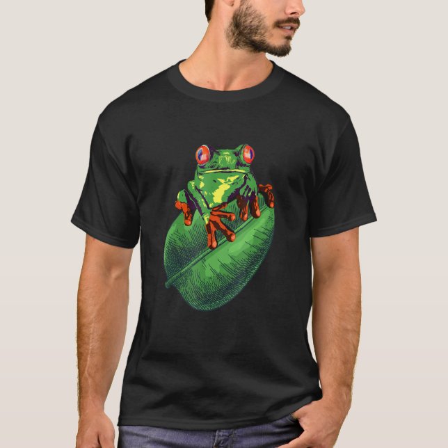 Cute Frog Sitta på Grönt Löv T Shirt (Framsida)