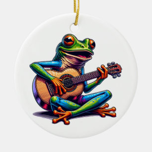 Cute Frog som spelar en gitar   Toad Pun-jul Julgransprydnad Keramik
