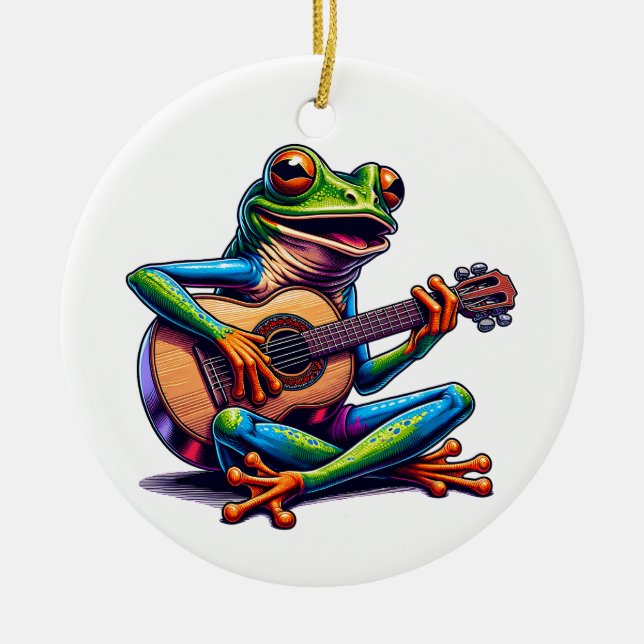 Cute Frog som spelar en gitar | Toad Pun-jul Julgransprydnad Keramik (Framsidan)