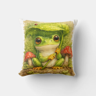 Cute Frog Under Leaf Umbrella Kawaii Woodland Rain Kudde