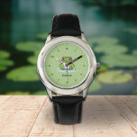 Cute Frog Watch med nummer Armbandsur<br><div class="desc">En grönt tittar med siffror,  en illustration av en söt groda på dammen och anpassadet nedanför! En trevlig gåva till en födelsedagsunge. Siffrorna gör det lättare för honom att lära sig tiderna.</div>