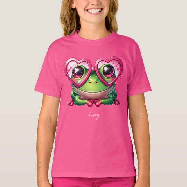 Cute Frog Wearing Oversized Heart Glasses T Shirt (Framsida)