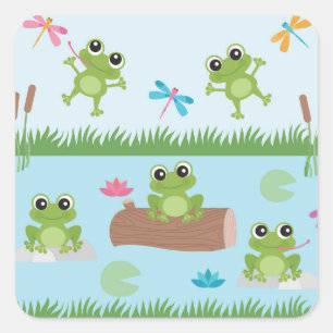 Cute Frogs i Pond Fyrkantigt Klistermärke