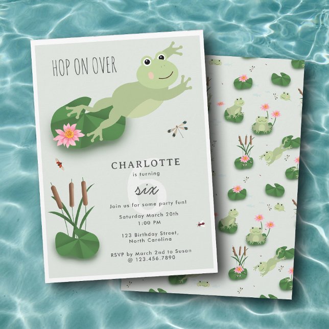 Cute Frogs in Lily Pond Hop On Over Kids Birthday Inbjudningar (Cute Frogs in Lily Pond Hop On Over Kids Birthday Invitation)
