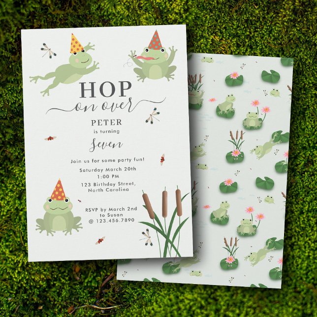 Cute Frogs in Lily Pond Hop On Over Kids Birthday Inbjudningar (Cute Frogs in Lily Pond Hop On Over Kids Birthday Invitation)
