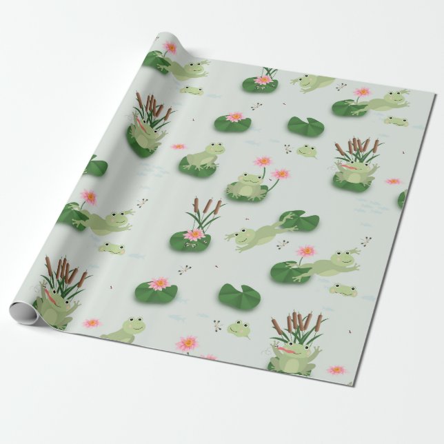 Cute Frogs in Lily Pond Presentpapper (Utrullad)