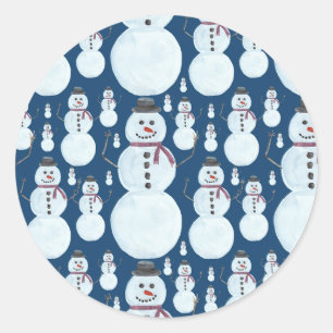 Cute Frosty Blue Snögubbe Watercolor Mönster Runt Klistermärke