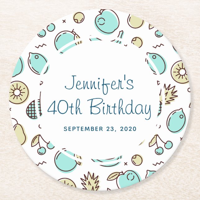 Cute Fruit Mönster Summery Line Teckning Birthday Underlägg Papper Rund (Framsidan)