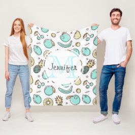 Cute Fruit Mönster Summery Line Teckning Monogram Fleecefilt