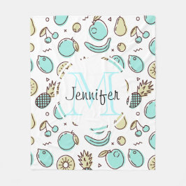 Cute Fruit Mönster Summery Line Teckning Monogram Fleecefilt