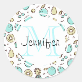 Cute Fruit Mönster Summery Line Teckning Monogram Runt Klistermärke