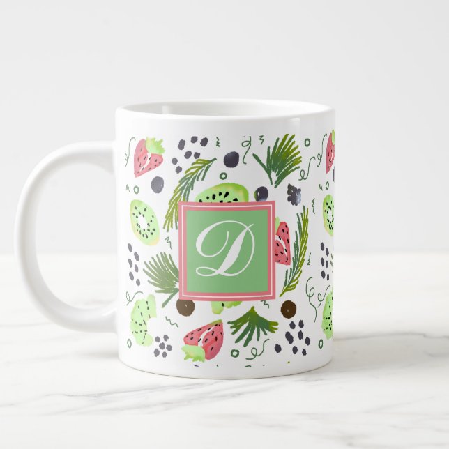 Cute Fruit Salad Kiwi Strawbär Doodle Monogram Jumbo Mugg (Vänster)