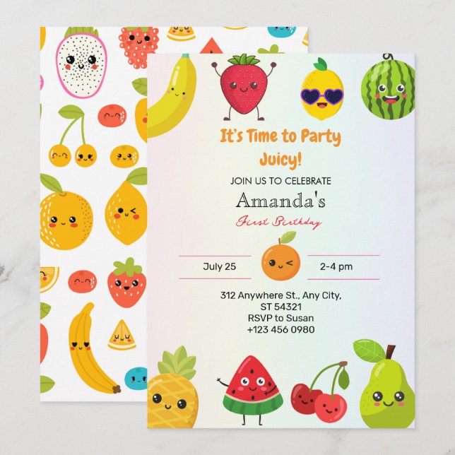 Cute Fruits Första 1:a födelsedagarinbjudan Inbjudningar (Fram/baksida)