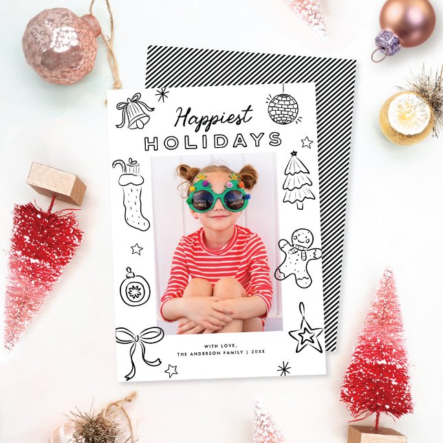 Cute Fun Doodles Black & White Christmas Photo Julkort (Skapare uppladdad)