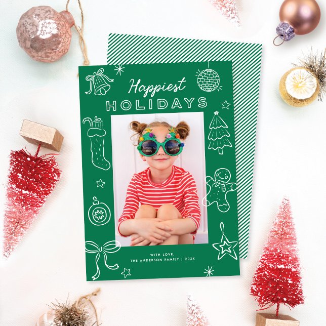 Cute Fun Doodles Green Christmas Photo Julkort (Skapare uppladdad)