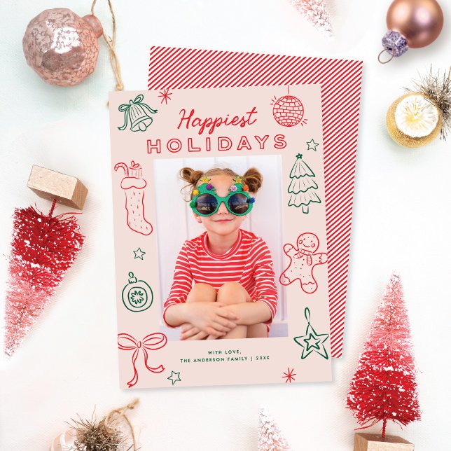 Cute Fun Doodles Pink Red Green Christmas Photo Julkort (Skapare uppladdad)