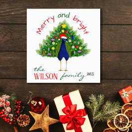 Cute Fun Merry and Bright Christmas Tree Peacock Julkort