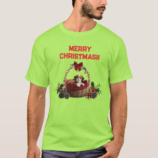 Cute Fun Merry Christmas Puppy Basket T Shirt