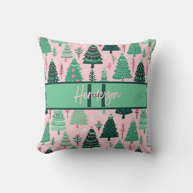 Cute Fun Pink & Green Christmas Tree Monogram Kudde (Framsida)