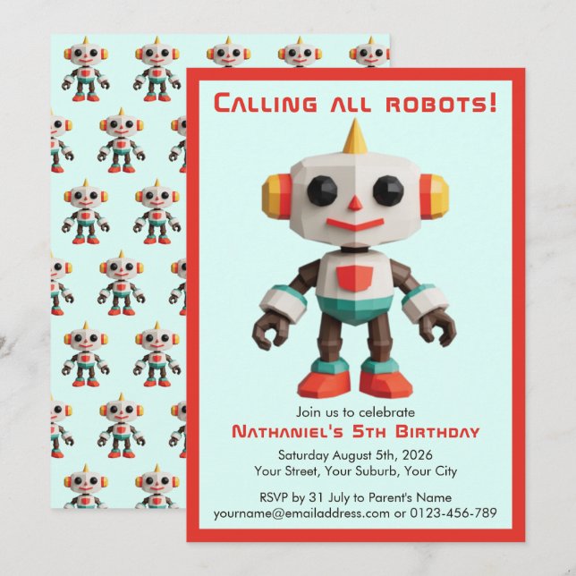 Cute Fun Robot Kid's Birthday Inbjudningar (Fram/baksida)