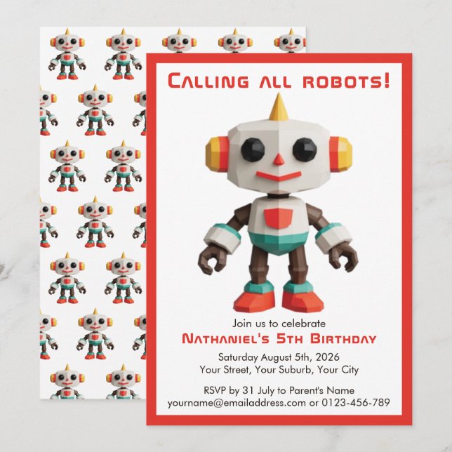 Cute Fun Robot Kid's Birthday Inbjudningar (Fram/baksida)