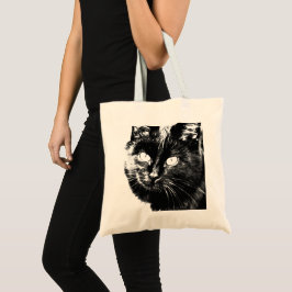 Cute Funky Black Cat Kitten Öga Sketch Tygkasse