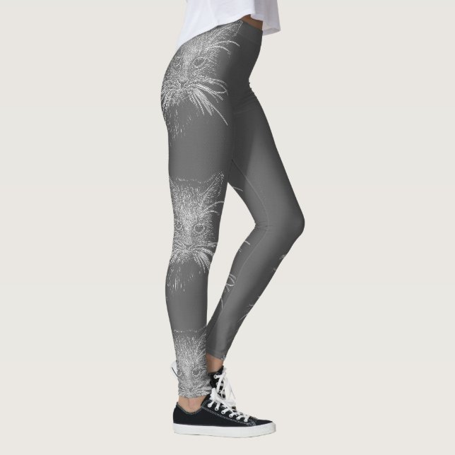 Cute Funky Cat Kitten Öga Ansikte Sketch Leggings (Höger)