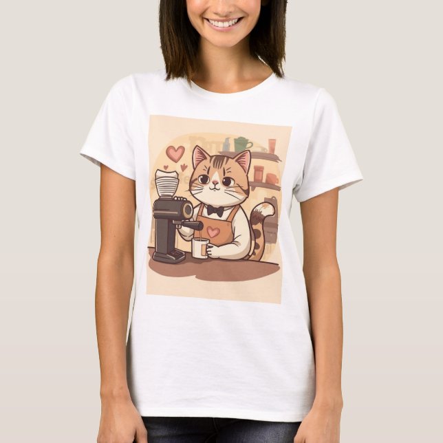 Cute Funny Barista Cat with Coffee T-shirt (Framsida)