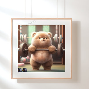 Cute Funny Bear Weightlyftare in Gym Workout Art Poster