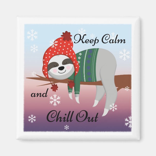 Cute Funny Behålla Lugn Sloth in Winter Hat & Scar Magnet (Framsidan)